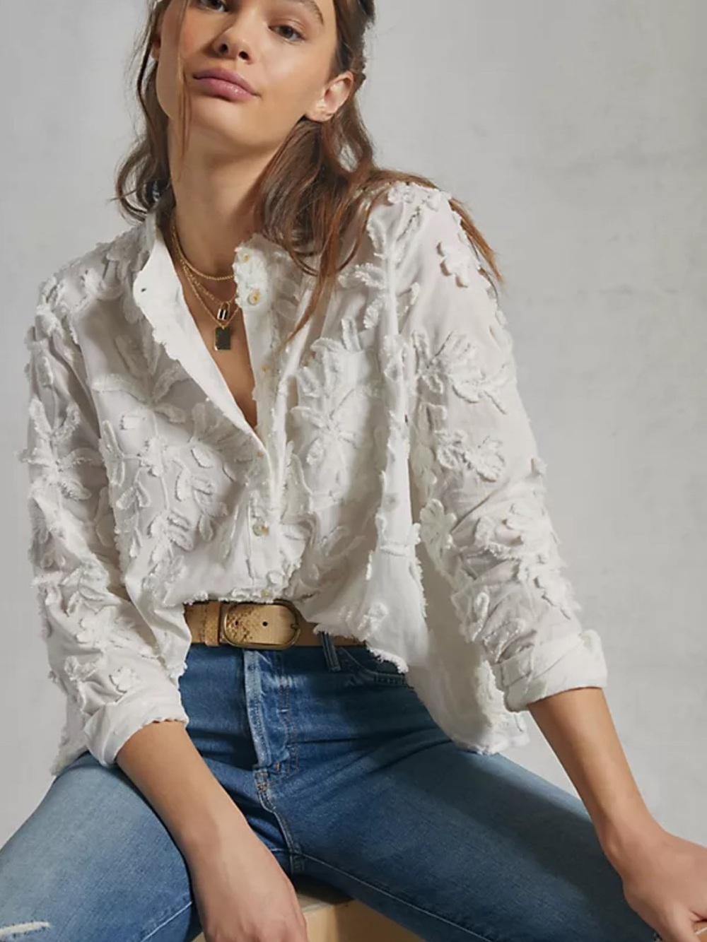 Pilcro White Floral Appliqué Button-Down Shirt